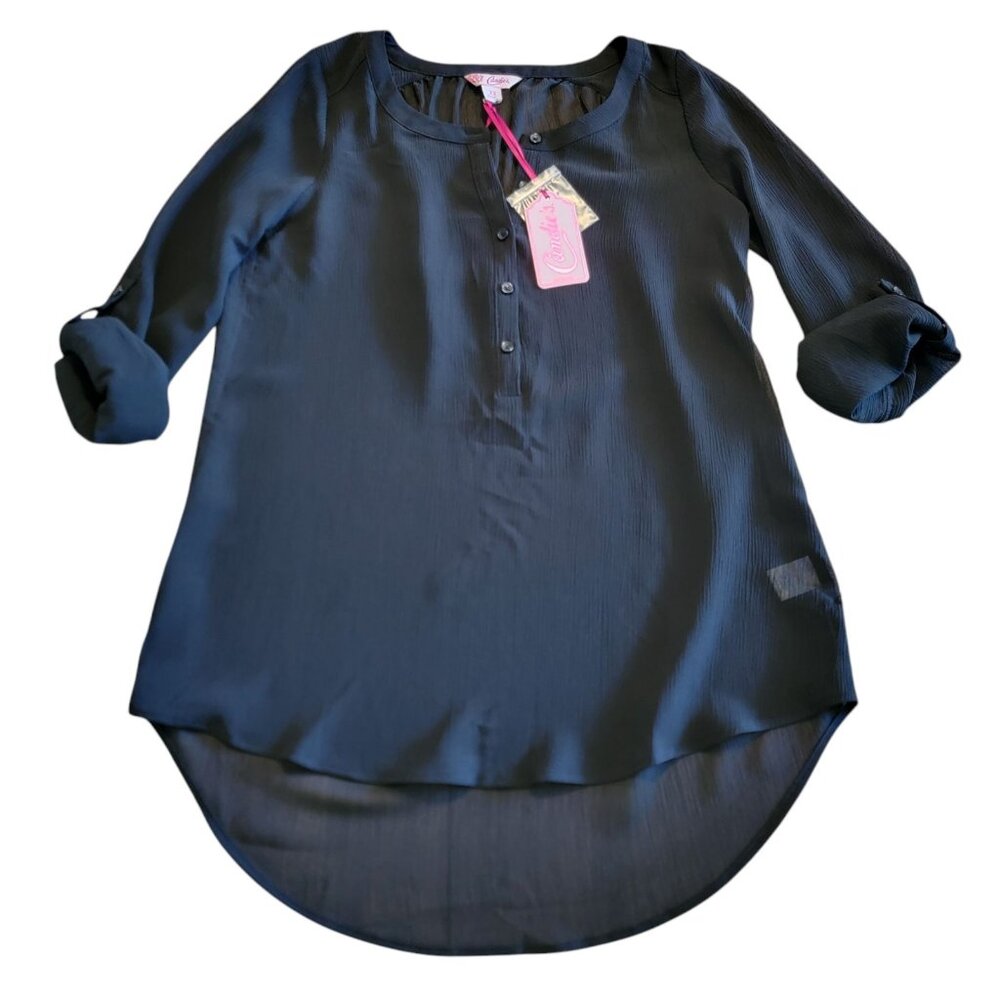 Candies Top Black Blouse XS Hi-Lo Sheer‎ Panels NWT With FLAW